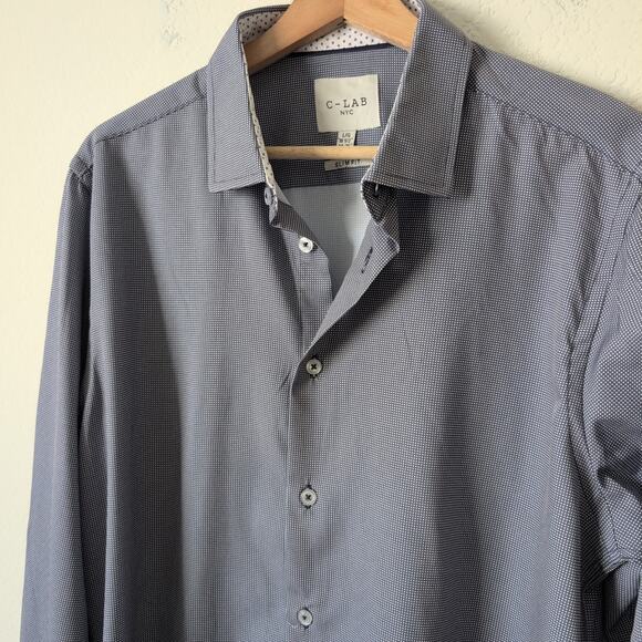 C-Lab NYC Shirt Size Large 16 1/2 Blue Patterned Slim Fit Button Front Career - Picture 1 of 7
